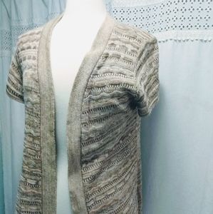 Chicos 1 Knit Cardigan Short Sleeve Tan Beige sweater crochet granny Chi…